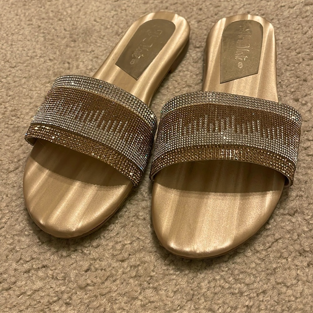 Gold slides with white and gold rhinestones